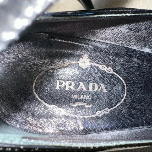 Prada Patent Leather Black Ankle Strap Heels Shoes Pumps 7